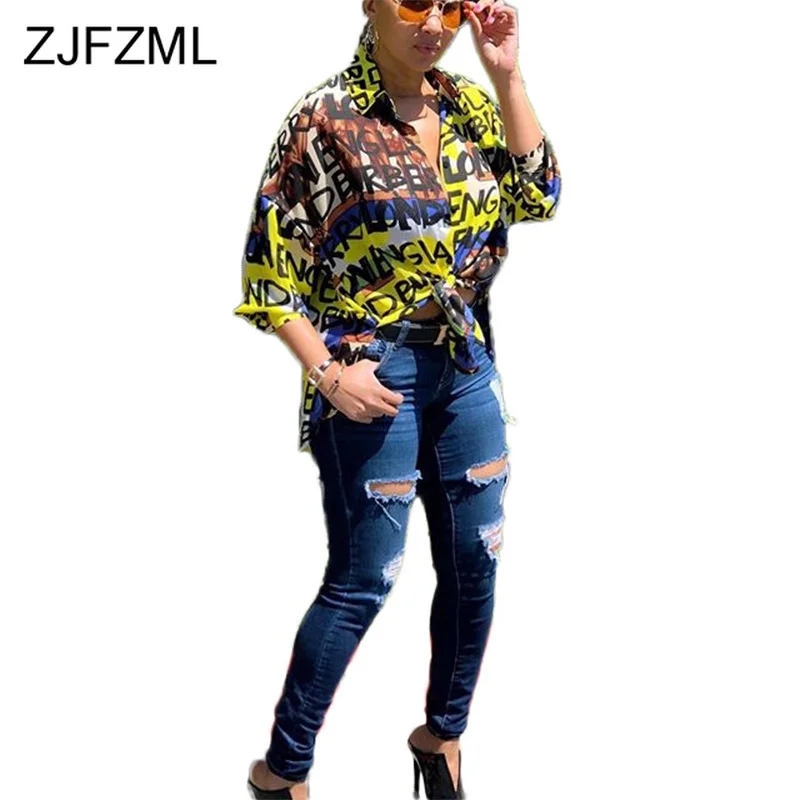 

Colorful Letter Printed Tie Up Womens Tops and Blouses Turn-Down Collar Button Up Sexy Blouse Autumn Long Sleeve Plus Size Shirt