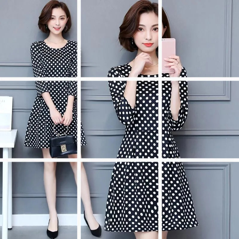 

2019 Summer Korean-style Black And White with Pattern Dress Loose Polka Dot Half-sleeve Shirt A- line Skirt Waist Hugging Mid-le