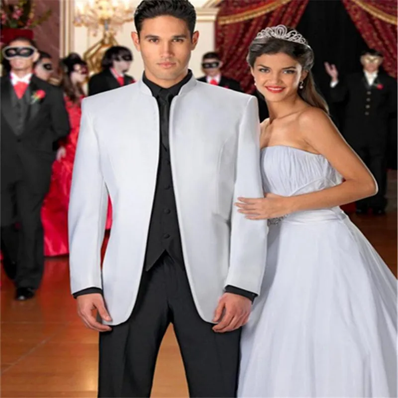 Костюм Homme Мужские костюмы(пиджак+ брюки+ жилет) белый Mariage Homme Groomsmen свадебные костюмы со стоячим воротником официальная одежда для выпускного вечера