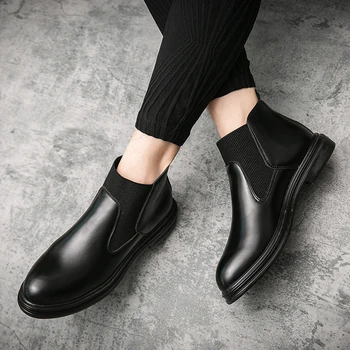 

2020 Fashion Leather Chelsea Ankle Boots Sock Bootie Shoes Black Eleglant British Style For Man Casual Dress Boots Autumn Winter