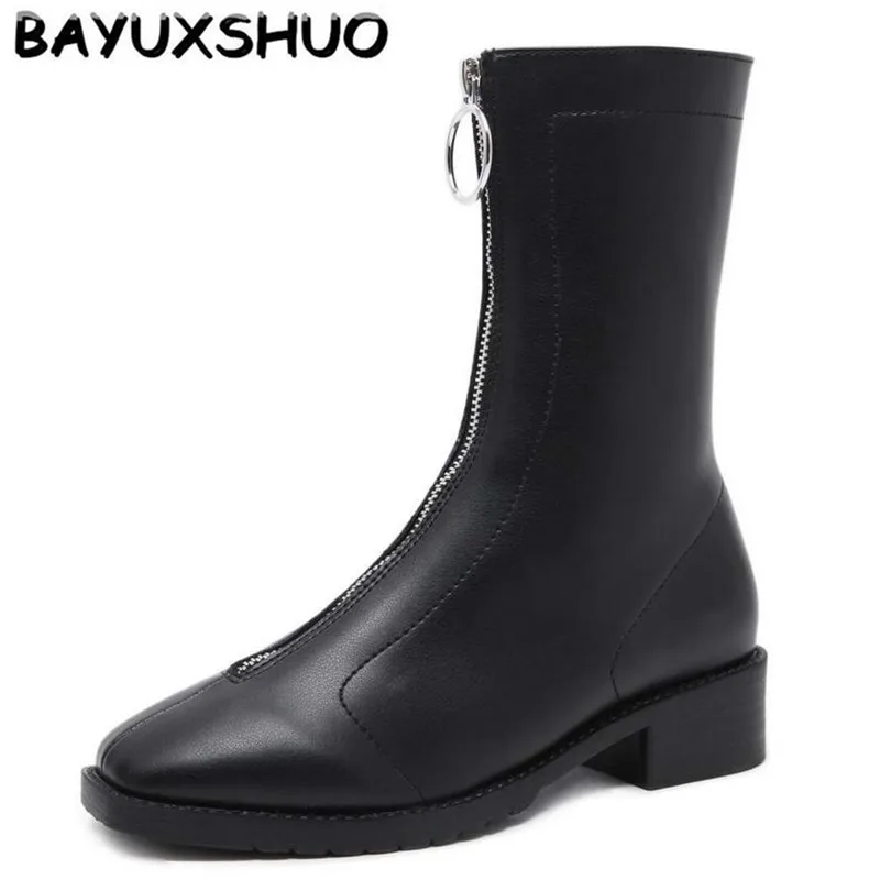 

BAYUXSHUO Front Zipper British Wind Martin Boots Fashion Square Head High Heel Comfortable Women Booties Simple Wild Women Shoes