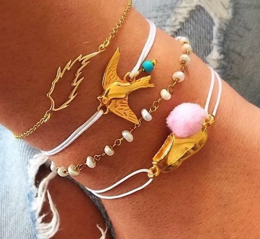 

2020 Fashion Bird Peanut Rope Link Ankle Bracelets Set Imitation Pearl Strand Leaf Gold Color Chain Bracelets Women Boho Jewelry