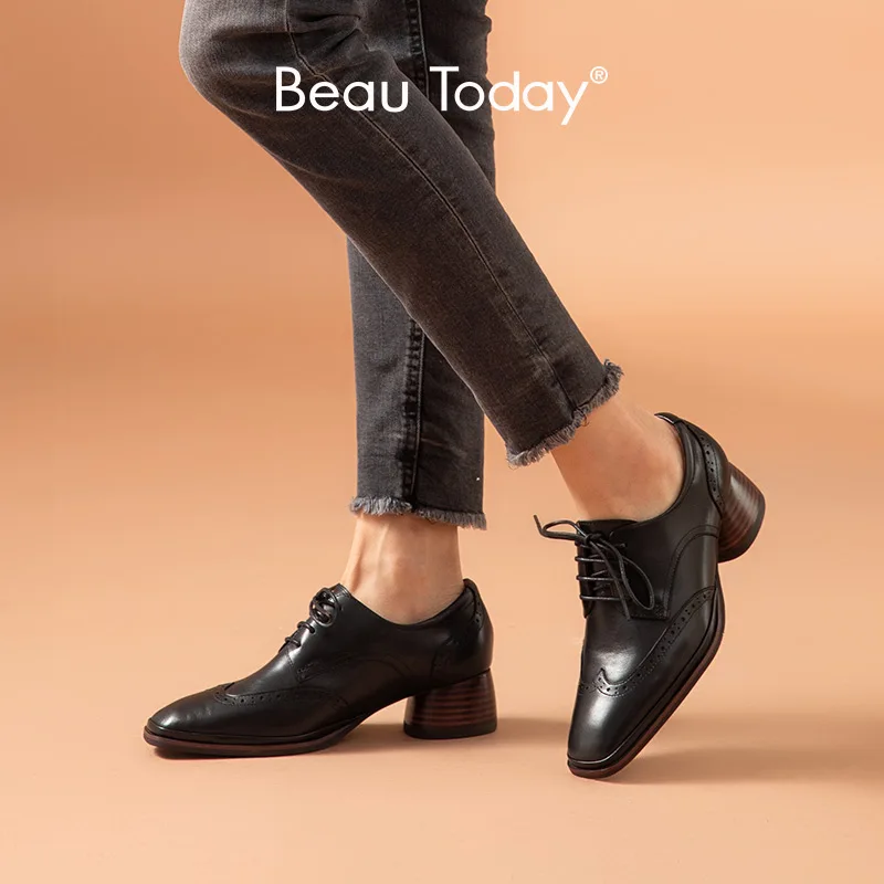 

BeauToday Leather Shoes Brogue Women Calfskin Wingtip Square Toe Lace-Up Closure Ladies Block Heel Shoes Handmade 15743