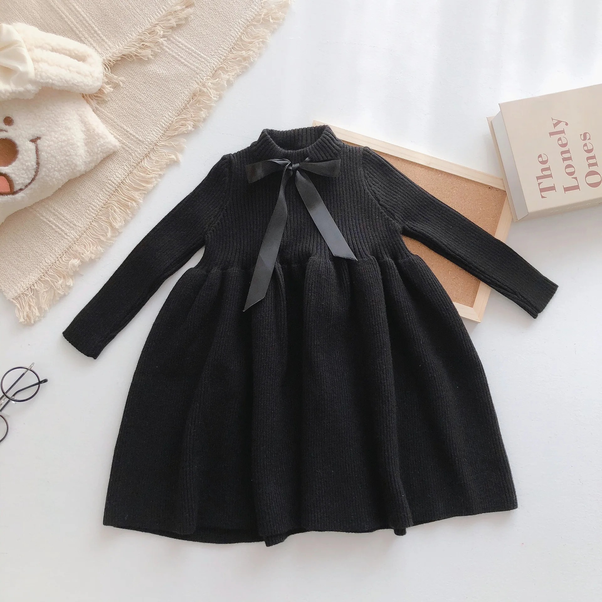 Осенне-зимнее платье для девочек; детская одежда; Детские платья; праздничное платье для девочек; вязаный свитер с длинными рукавами; платье для маленьких девочек; одежда - Цвет: Черный