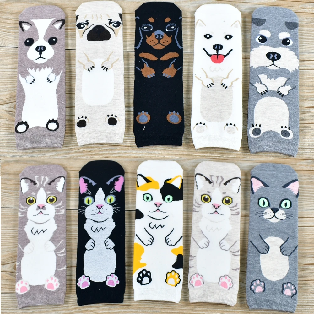 10 pairs of socks Женские носки, популярные новые хлопковые носки с рисунком мопса и котенка, рождественские подарки, Забавные милые женские носки - Цвет: 10 pairs of socks