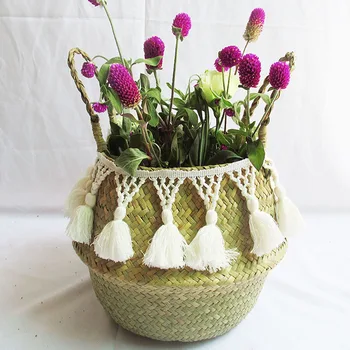 

Natural Seagrass Woven Storage Basket Pot Garden Flower Vase Plant Wicker Basket Household With Handle Storage Baskets