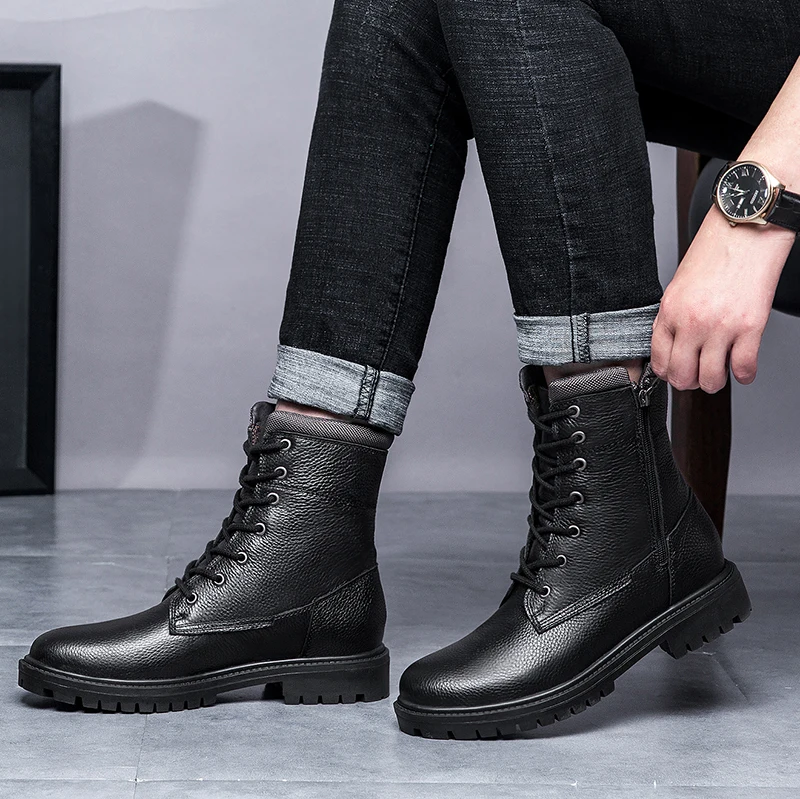Men's Motorcycle Boots Martin boots black Autumn And Winter High Boots Fashion Boots High Round Toe lace-Up With Zipper Boots