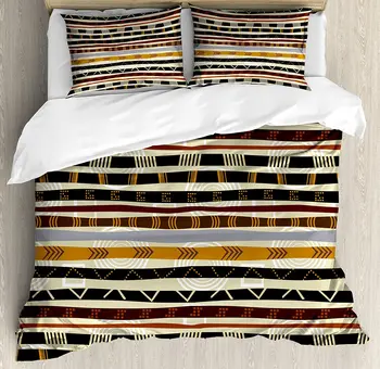 

Abstract Duvet Cover Set Ethnic Style Geometric Forms with Striped Pattern on Bold Earth Tones Print 3 Piece Bedding Set