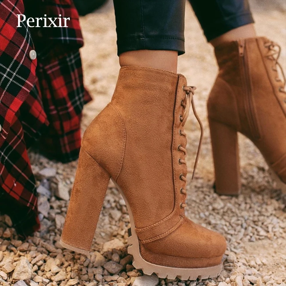 Perixir Botas de ante de imitación con plataforma para mujer, botines femeninos tacón alto, calzado de otoño e invierno, 2020|Botas hasta el tobillo| - AliExpress