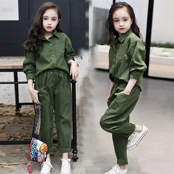 

Kids Costume Teen Girls Clothing Set 2020 Spring ArmyGree Blouse Pants Suit School Girls Tracksuit Kids Clothes Set 10 12 Years