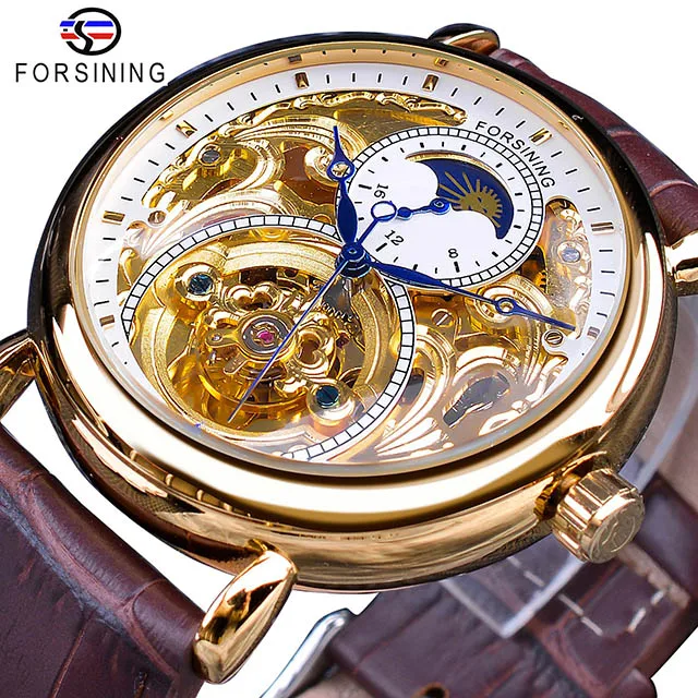 GMT1125-5 Forsining Королевский Золотой Скелет дисплей синие руки коричневый Натуральная кожа ремень мужские механические наручные часы мужские - Цвет: GMT1125-5