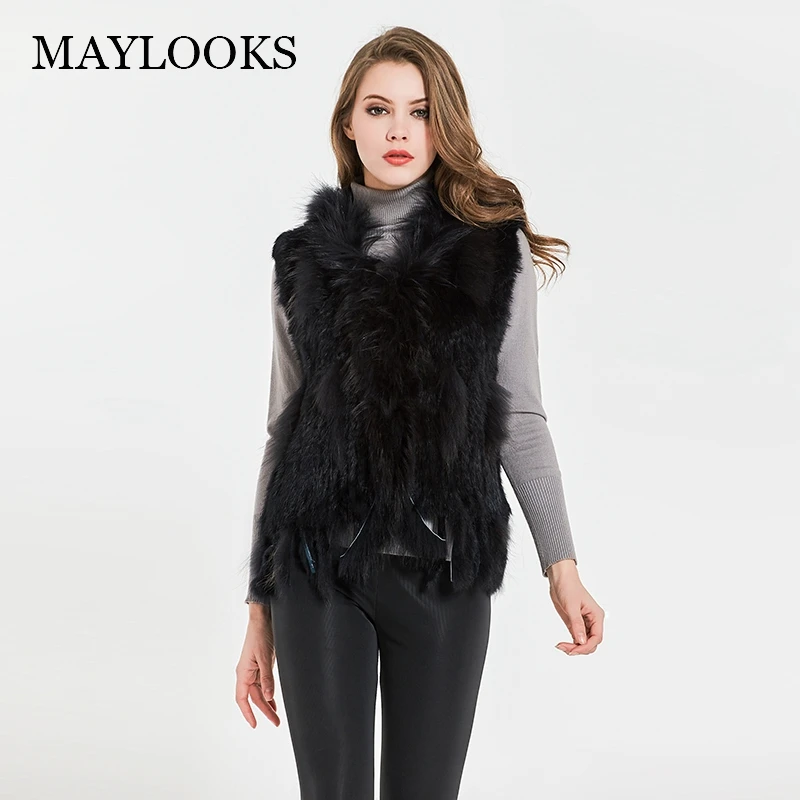 Женский жилет maylook из натурального кроличьего меха с воротником енота Зимняя