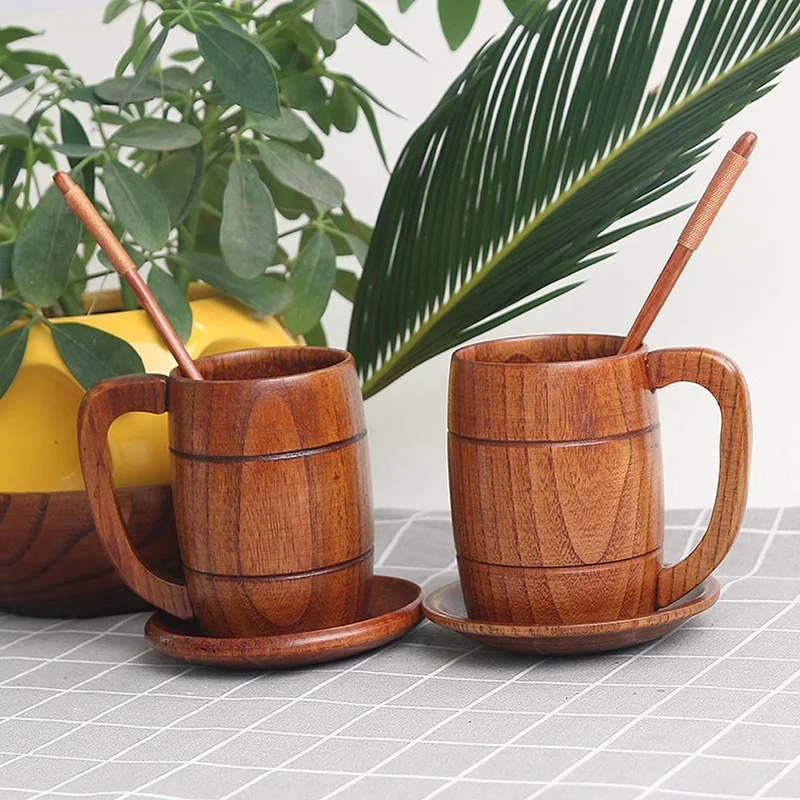 14 oz Wooden Beer Mugs with Handle Craft Beer Glasses Wine/Milk/ Coffee/Tea Drinking Cup Gift Portable Coffee Mug Drinkware