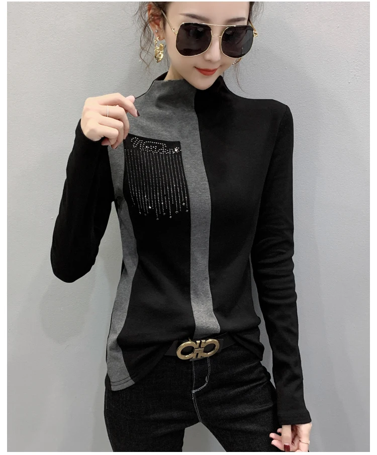 Blusas Mujer De Moda, Корейская тонкая рубашка с длинным рукавом для женщин, модные офисные женские топы, повседневные топы с круглым вырезом и стразами 7840 50