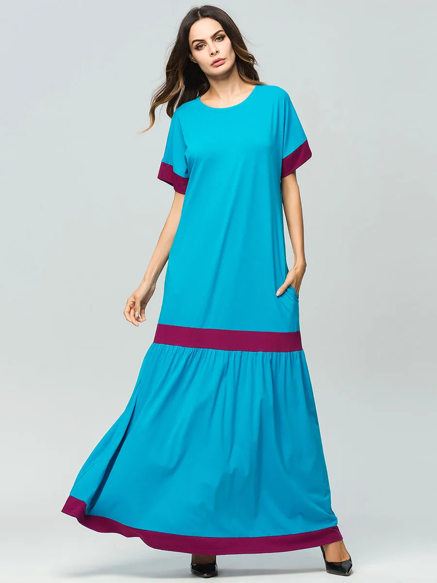 Мусульманское платье; мусульманская одежда; Femme Robe; круглый воротник; контрастная панель; осеннее платье; abaya; Турция; широкая юбка