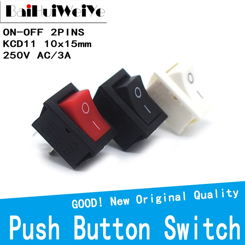 10Pcs KCD1 Push Button Switch 10x15mm 2Pin 3A 250V KCD11 Snap-in On/Off Rocker Switch 10MM*15MM  KCD1-101 117S Black Red White 10pcs kcd11 push button switch 10x15mm 15a 12v boat car snap in on off rocker switch spst 2pin snap in on off switch