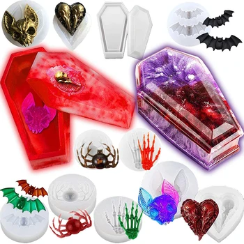 

Halloween Silicone Epoxy Resin Molds Skull Hands Epoxy Resin Art Coffin Storage Box Spider For Jewelry Decoration Resin Mold