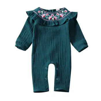 

0-18M Newborn Infant Baby Girl Jumpsuit Flower Embroidery Ruffle Romper Long Sleeve Vintage Baby Girls Autumn Spring Costumes