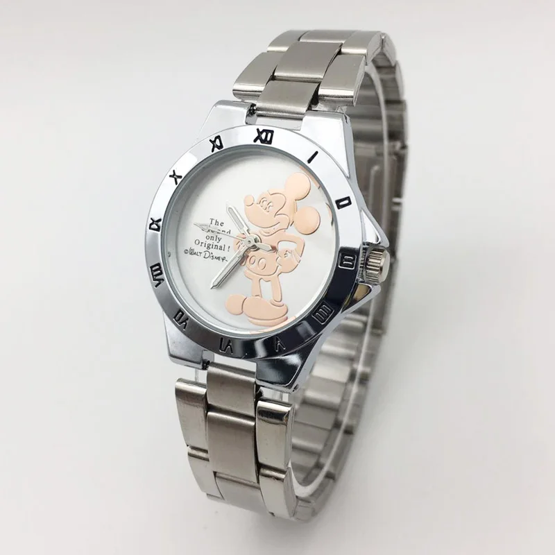 Mickey Mouse Women Fashion Silver Stainless Steel Band Analog Quartz Round Wrist Watch Watches Wristwatch Clock Gift 2019 (3)