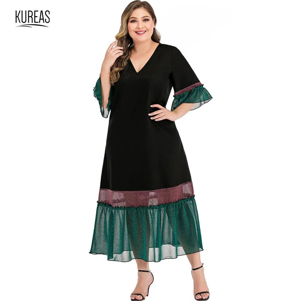 Kureas Women Dress Plus Size Sexy V Neck Half Sleeve Baggy Long Dresses Fashion Color Block Patchwork Maxi Dress Casual Big Size