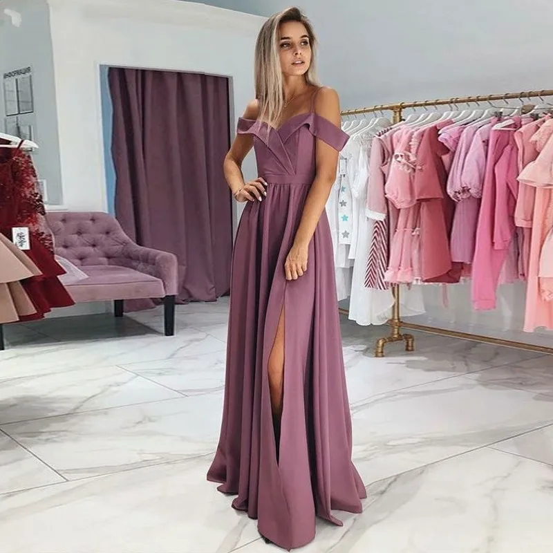 

Spaghetti Strap A Line Off The Shoulder Prom Dresses for Women Elegant Split Light Purple Floor To Length Evening Gowns Long