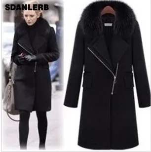

2019 New Fall / Winter Women Oversized Black Faux Fur Collar Wool Slim Long Coat Side Zipper Overcoat Manteau Femme 3XL