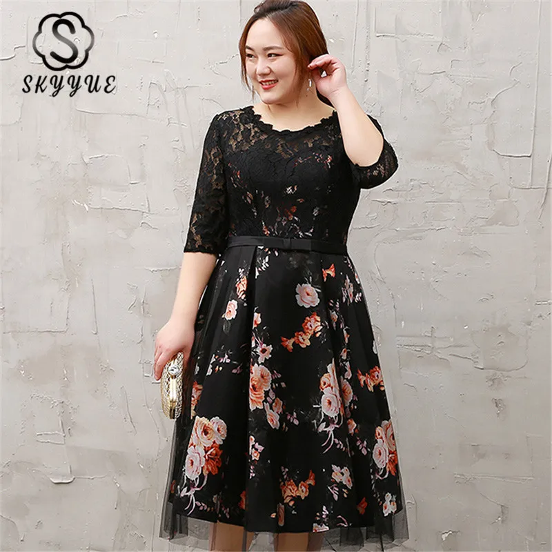 

Skyyue Printing Robe De Soiree Evening Gowns 2019 Plus Size O-neck Three Quarter Sleeve Evening Dress Women Party Dresses T075