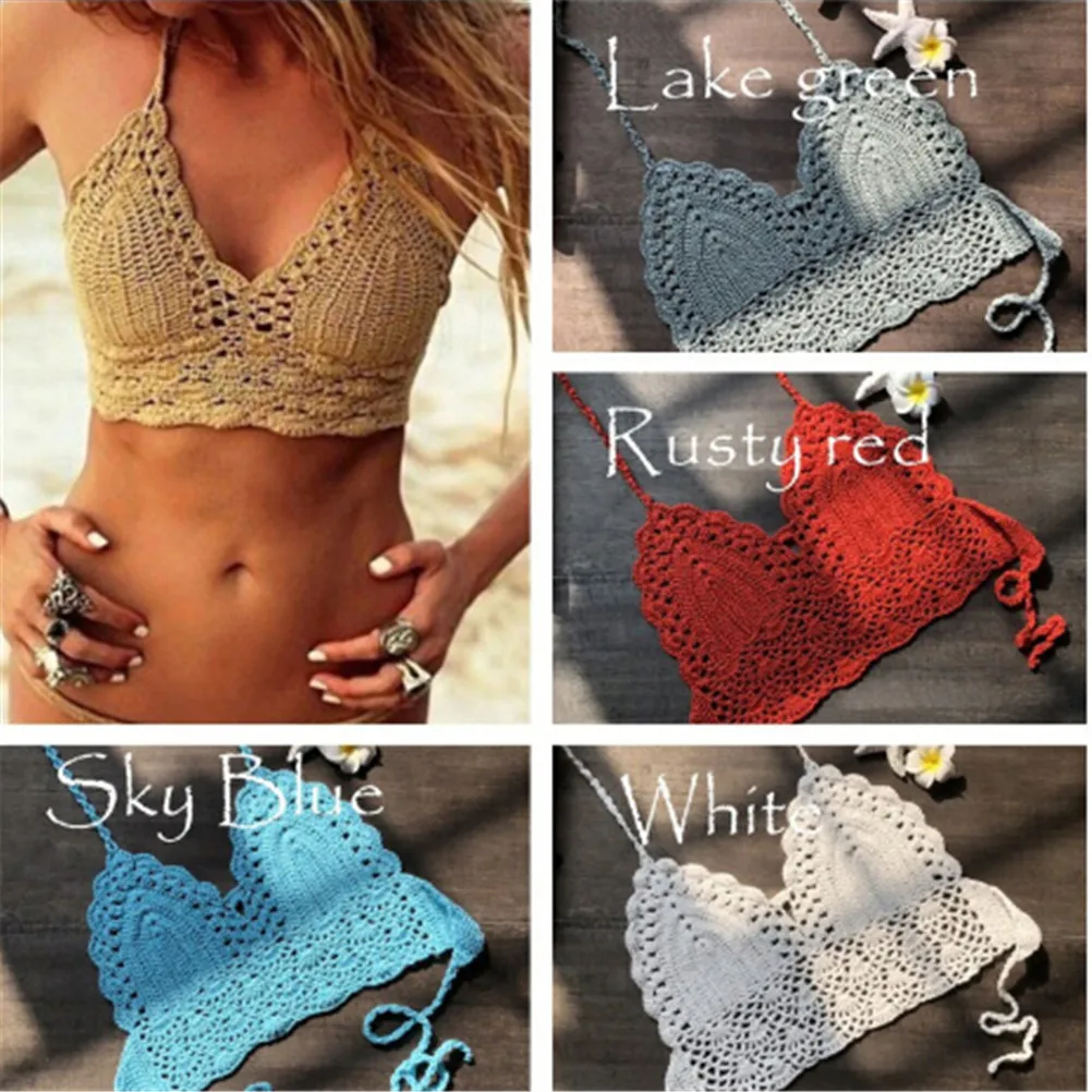 Crop Top Backless Sexy Women Summer  Crochet Top Knit Beach Knitting Halter Cami Tank Crop Top Halter Bra half camisole