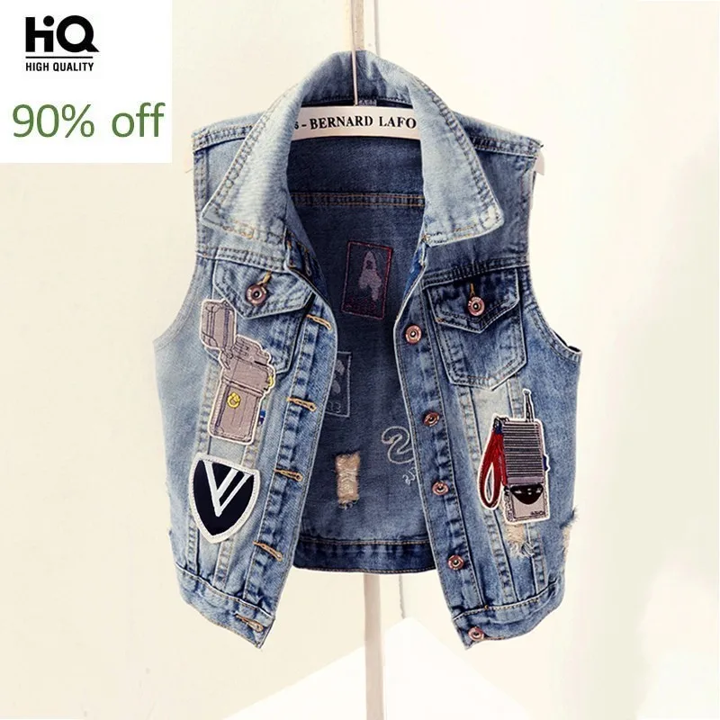 

Women Casual Slim Fit Short Denim Sleeveless Jacket Spliced Hole Ripped Jean Vest Streetwear Tops Female Cowboy Waistcoat Vests