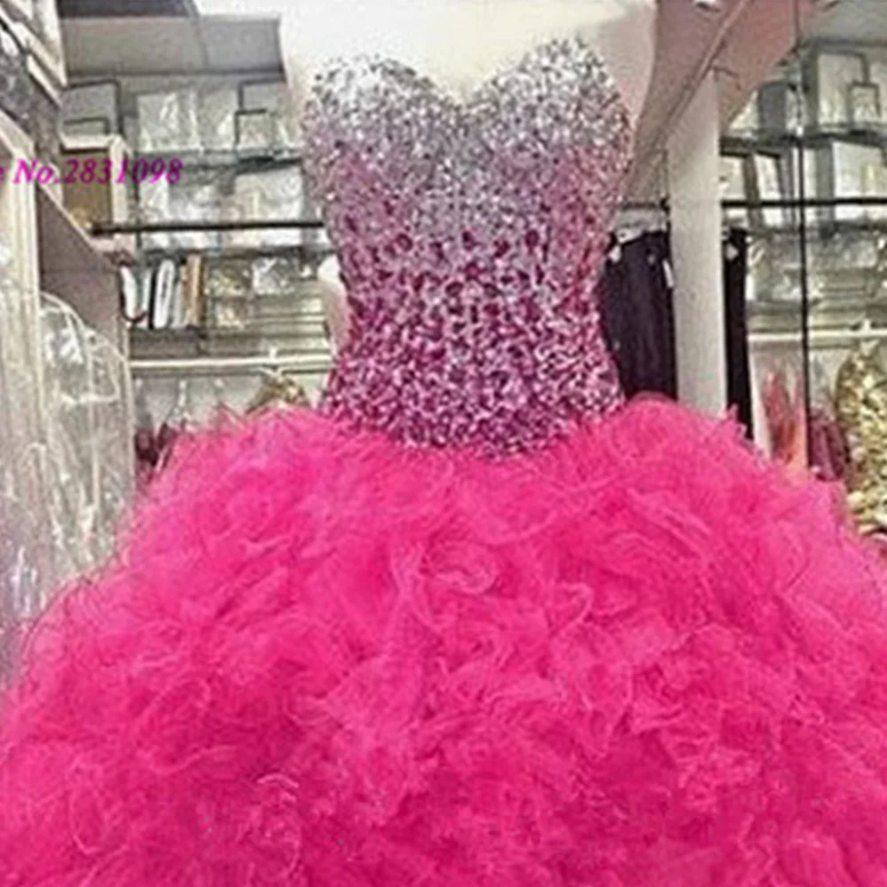 Ball Gown Luxury Fushcia Crystals Quinceanera Dresses 2020 Sweetheart Lace up Back Cheap Sweet 16 Dress Gowns Ruffles Masquerade | Свадьбы и