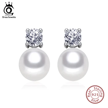 

ORSA JEWELS Trendy 925 Sterling Silver Stud Earring For Female Freshwater Pearls with AAA Zircon Fashion Earring Jewelry PSE42