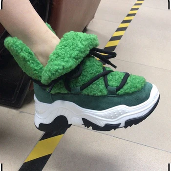 

Luxury brand Sheep curl snow boots genuine leather Color matching Thick bottom Lace Waterproof non-slip snow boots bottes femme