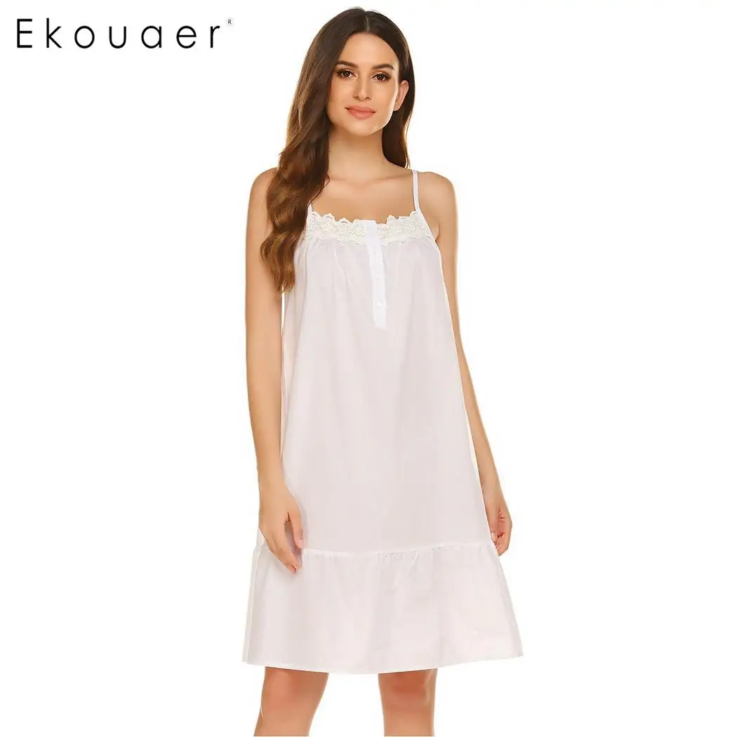 Ekouaer, женское летнее ночное белье хлопковая ночная рубашка, кружевная, из кусков, на пуговицах, на бретелях, ночная рубашка, до колен, ночная рубашка, ночная рубашка