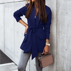 Mulheres chique escritório senhora laço up cinto blazer primavera fino casaco moda turn down collar manga longa senhoras outerwear à moda topos