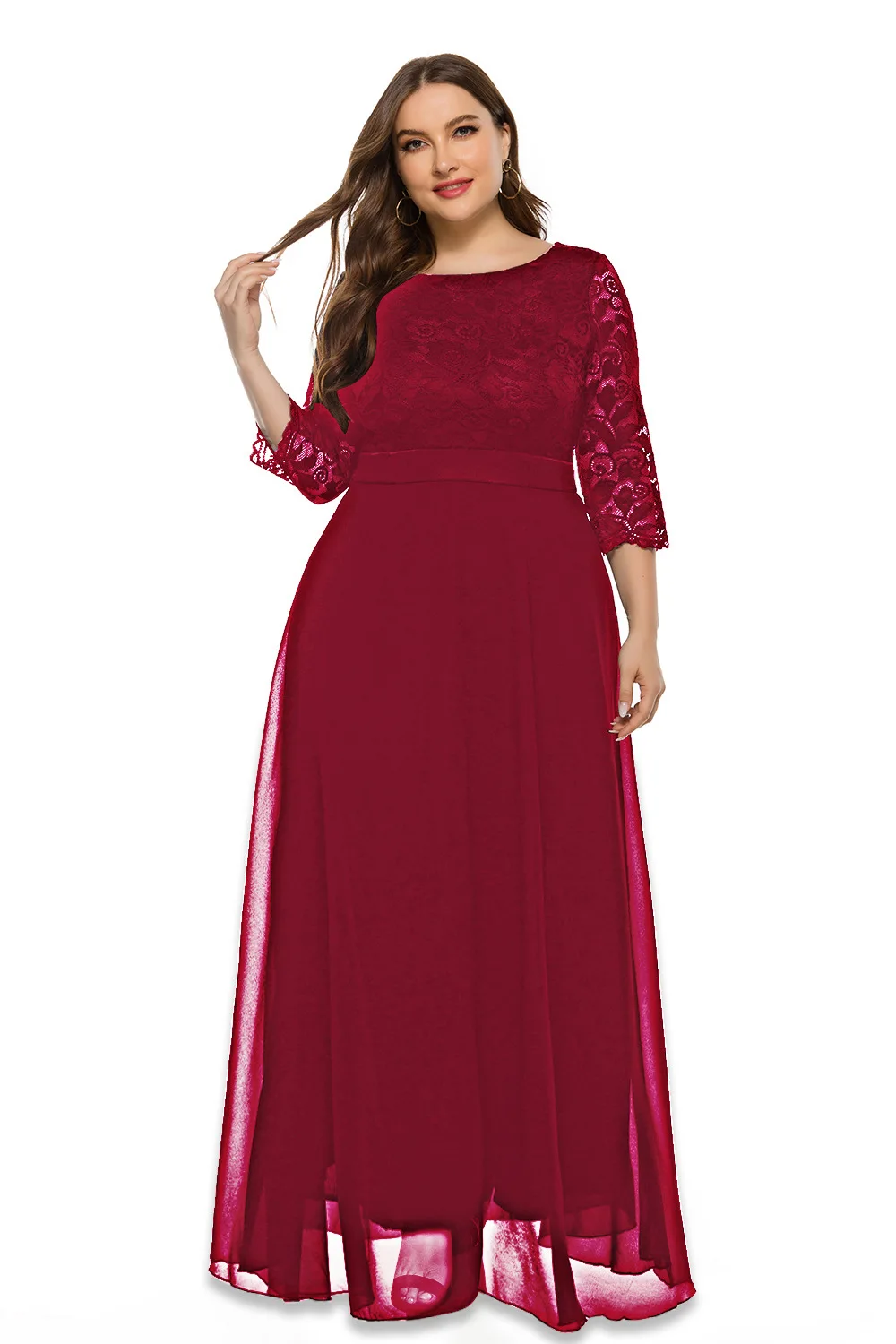 Dresses For Women 2021 Elegant  Dress  Plus Size Hollow Lace Chiffon Stitching Round Neck Three-Quarter Sleeves High Waist Dress
