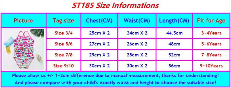 ST185 girls swimwear size chart