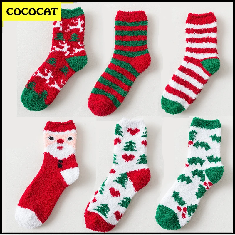 

COCOCAT Christmas Fuzzy Socks Winter Thick Coral Fleece Terry Floor Socks Women Red Stripe Christmas Kawaii Funny Fur Sox Girls