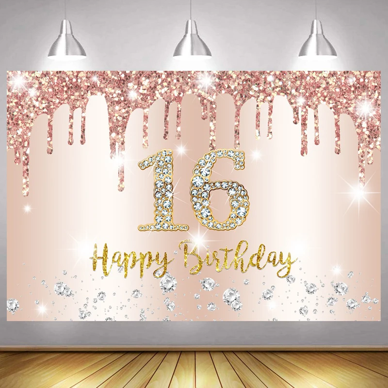 

Rose Gold Sweet 16 Photo Backdrop Boy Girls Flower Sixteen Happy Birthday Party Decoration Photography Backgrounds Banner