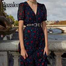 Bazaleas, праздничное винтажное платье-миди с коротким рукавом и разрезом, фиолетовое, синее, с цветочным принтом, на пуговицах, женское платье