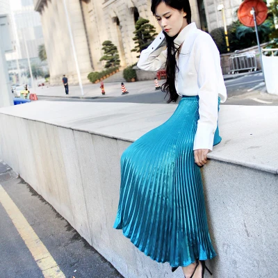 lake blue(long 80cm) Летняя модная винтажная Серебристая золотая металлическая однотонная Расклешенная юбка макси с высокой талией, пляжные длинные плиссированные юбки для женщин - Цвет: lake blue(long 80cm)