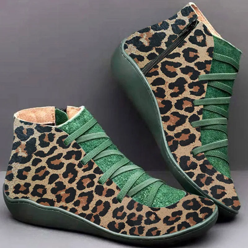 leopard Женские ботильоны из искусственной кожи; женские Винтажные ботинки в стиле панк с перекрестными ремешками; сезон осень-зима; женская обувь на плоской подошве; botas mujer - Цвет: leopard