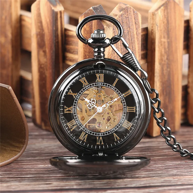 Steampunk Full Black Pocket Watch Unisex Skeleton Handwinding Mechanical Watches with Pendant Chain Roman Number Clock Gift