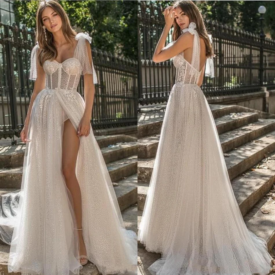 

2020 Country Berta A Line Beach Wedding Dresses Spaghetti Lace Glitter Side Split Sweep Train Boho Wedding Dress Plus Size Grade