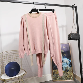 

2020 Spring New Two Piece Set Women Tops Fashion Thin Long Sleeve Knitted Set + Casual Tracksuit Women Clothing Sets Tide H069