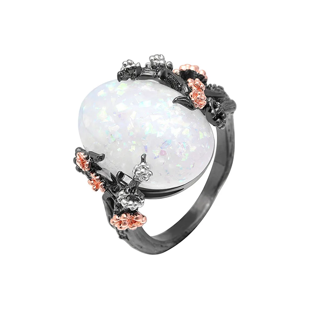 Beautiful-Tree-Flower-Ring-Jewelry-Black-Gold-Filled-Romantic-CZ-Big-White-Fire-Opal-Ring-Women