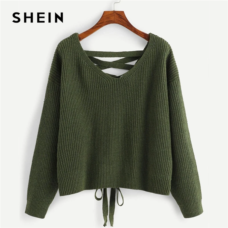 SHEIN, армейский зеленый, со шнуровкой, на спине, на плече, свитер, пуловер для женщин, Осень-зима, длинный рукав, v-образный вырез, повседневные женские однотонные свитера