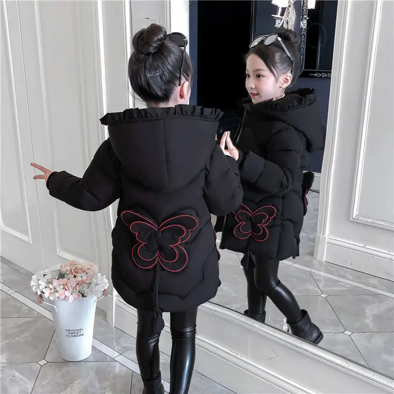 Girls coat winter thick warm jacket 3-12 years old girl clothing cute  butterfly down jacket mid-length hooded padded jacket coat