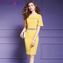 TESSCARA женское летнее роскошное платье с бисером Женская Желтая Женская одежда для вечеринки дизайнерское высококачественное элегантное офисное платье-карандаш Vestidos