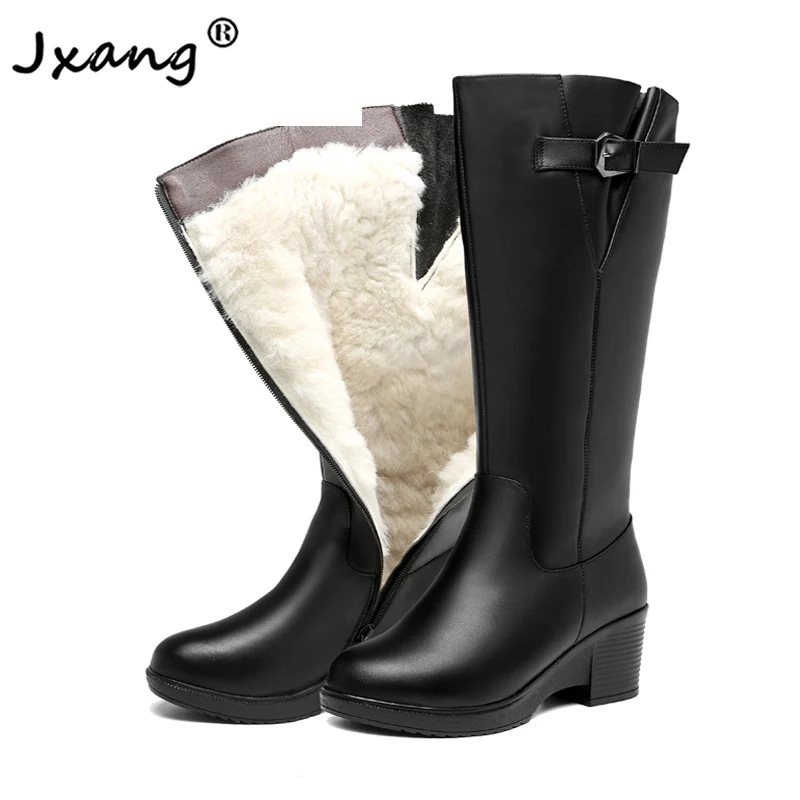 

JXANG 2020 Female boots genuine leather cowhide women wool boots big size high tube Military boots Women Riding boots shoes