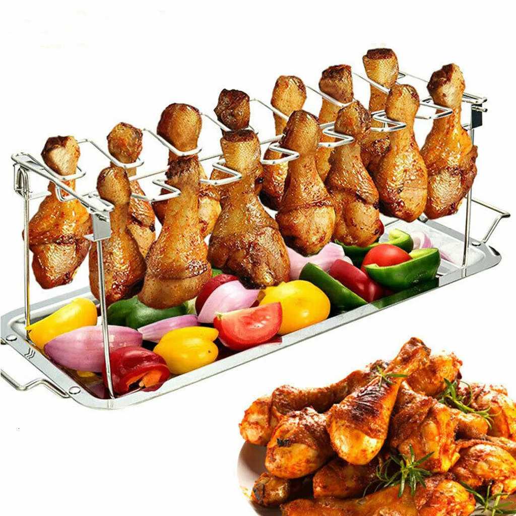 Online Edelstahl Huhn Flügel Bein Rack DIY Familie Huhn Grill Halter Drip Pan BBQ Rib Rack Party Geflügel Bein Röster